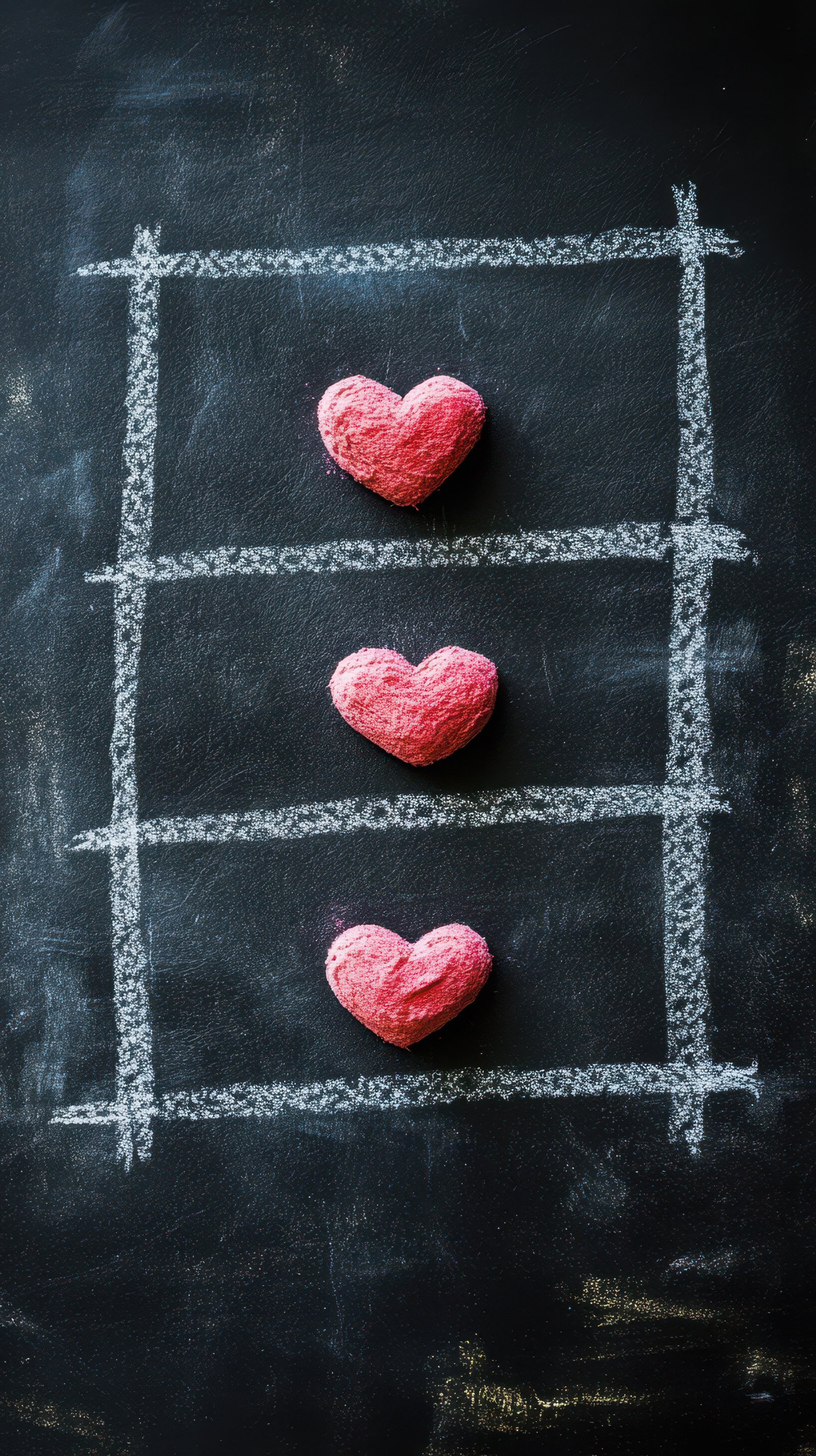 Red heart-shaped sweets arranged on a chalkboard creating a playful and romantic atmosphere
